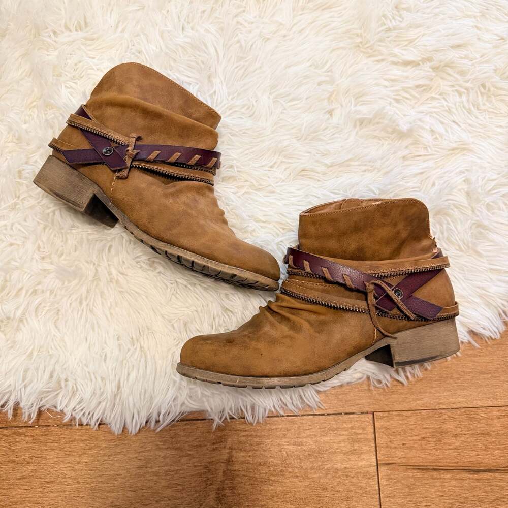 Maurices Jaclyn Brown Slouch Ankle Boots with Zipper Wrap Detail